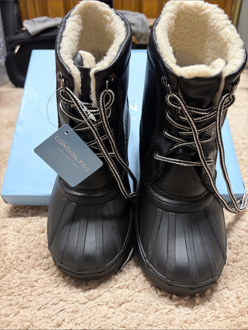 London Fog Kids Black Lace-Up Waterproof Snow Boots with Sherpa Collar